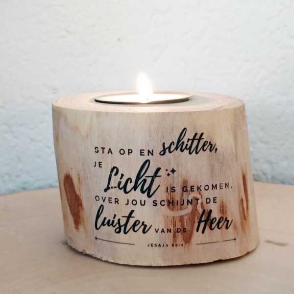 Houten kaarsenhouder 'sta op en schitter' 10 cm - Afbeelding 2